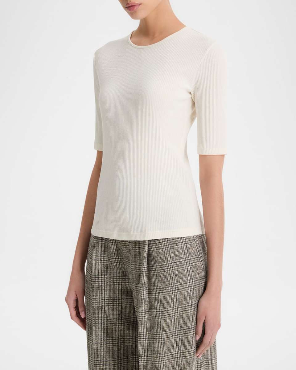 Ribbed Elbow-Sleeve Crewneck Top